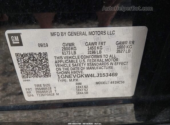 1GNEVGKW4LJ153469 2020 CHEVROLET TRAVERSE Black 