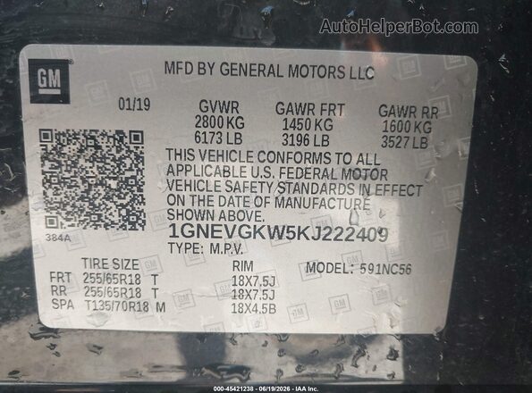 1GNEVGKW5KJ222409 2019 CHEVROLET TRAVERSE Black Widok komory silnika