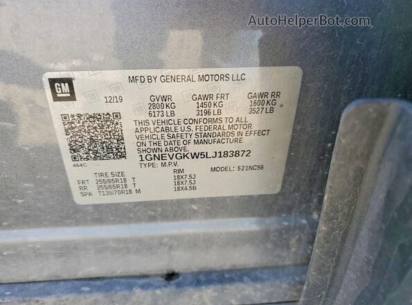 1GNEVGKW5LJ183872 2020 CHEVROLET TRAVERSE Gray Вид наклейки з VIN-кодом