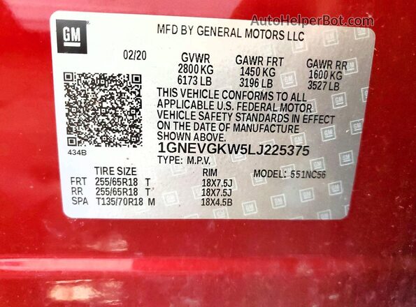 1GNEVGKW5LJ225375 2020 CHEVROLET TRAVERSE Red 