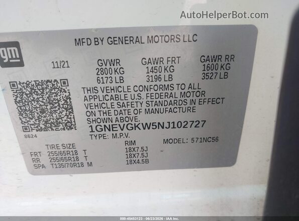 1GNEVGKW5NJ102727 2022 CHEVROLET TRAVERSE White Vista del compartimento del motor