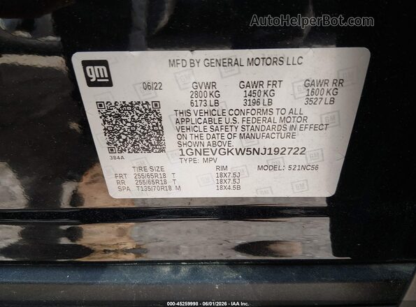1GNEVGKW5NJ192722 2022 CHEVROLET TRAVERSE Черный Вид подкапотного пространства