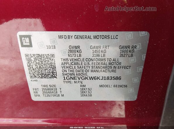 1GNEVGKW6KJ183586 2019 CHEVROLET TRAVERSE Red ძრავის განყოფილების ხედი