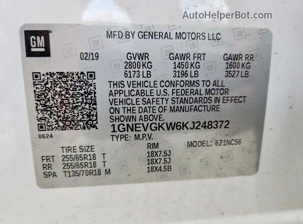 1GNEVGKW6KJ248372 2019 CHEVROLET TRAVERSE Белый Вид наклейки с VIN-кодом