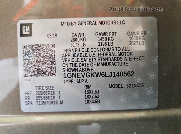 1GNEVGKW6LJ140562 2020 CHEVROLET TRAVERSE Brown Vista de la etiqueta del VIN