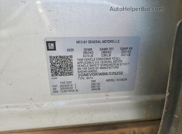1GNEVGKW6MJ105232 2021 CHEVROLET TRAVERSE Silver Вид наклейки з VIN-кодом