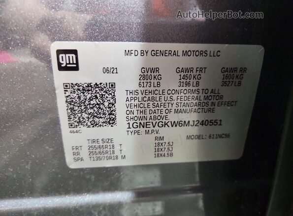 1GNEVGKW6MJ240551 2021 CHEVROLET TRAVERSE Gray Widok naklejki z numerem VIN