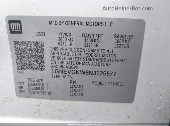 1GNEVGKW6NJ125577 2022 CHEVROLET TRAVERSE Белый Вид подкапотного пространства