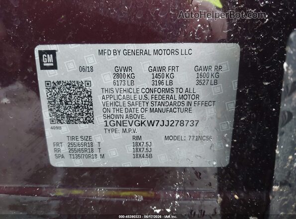1GNEVGKW7JJ278737 2018 CHEVROLET TRAVERSE Бордовый Вид наклейки с VIN-кодом