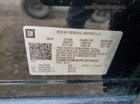 1GNEVGKW7KJ279825 2019 CHEVROLET TRAVERSE Black 