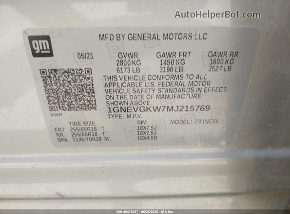 1GNEVGKW7MJ215769 2021 CHEVROLET TRAVERSE Silver Շարժիչի բաժամունքի տեսք