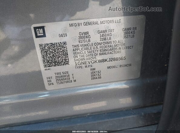 1GNEVGKW8KJ288565 2019 CHEVROLET TRAVERSE Gray Engine compartment view
