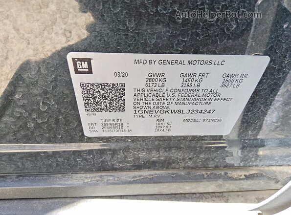 1GNEVGKW8LJ234247 2020 CHEVROLET TRAVERSE Black Widok naklejki z numerem VIN