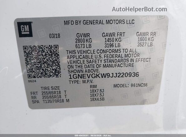 1GNEVGKW9JJ220936 2018 CHEVROLET TRAVERSE White Engine compartment view
