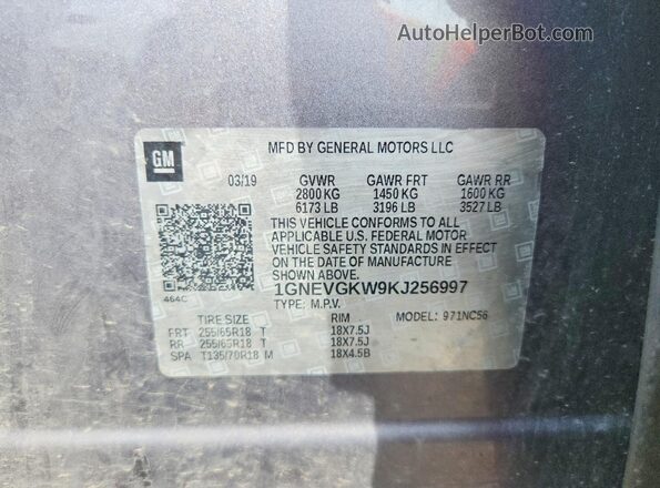 1GNEVGKW9KJ256997 2019 CHEVROLET TRAVERSE Gray 