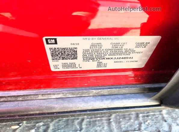1GNEVGKWXJJ248941 2018 CHEVROLET TRAVERSE Red Vista de la etiqueta del VIN