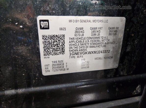 1GNEVGKWXMJ243372 2021 CHEVROLET TRAVERSE Gray Vista de la etiqueta del VIN