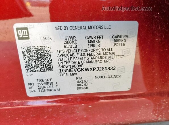 1GNEVGKWXPJ280832 2023 CHEVROLET TRAVERSE Red VIN კოდის სტიკერის ხედი