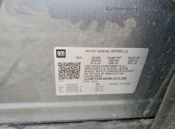 1GNEVHKW5MJ221186 2021 CHEVROLET TRAVERSE Gray Vista de la etiqueta del VIN