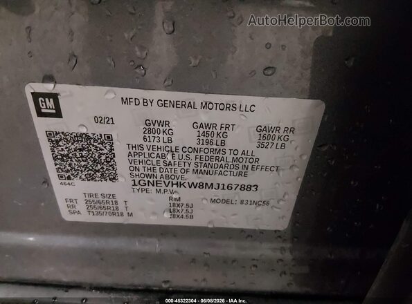 1GNEVHKW8MJ167883 2021 CHEVROLET TRAVERSE Gray Widok komory silnika