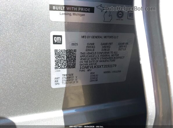 1GNEVLKSXTJ151179 2026 CHEVROLET TRAVERSE Gray Vista del compartimento del motor