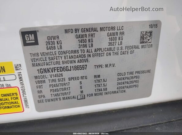 1GNKVFED6GJ186597 2016 CHEVROLET TRAVERSE White Engine compartment view