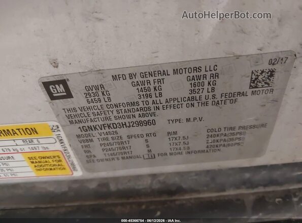 1GNKVFKD3HJ298960 2017 CHEVROLET TRAVERSE Silver Вид підкапотного простору