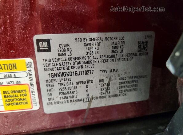 1GNKVGKD1GJ110277 2016 CHEVROLET TRAVERSE Red VIN კოდის სტიკერის ხედი