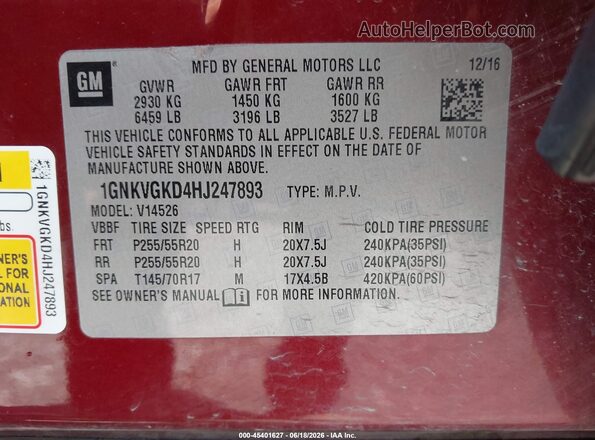 1GNKVGKD4HJ247893 2017 CHEVROLET TRAVERSE Red Vista del compartimento del motor