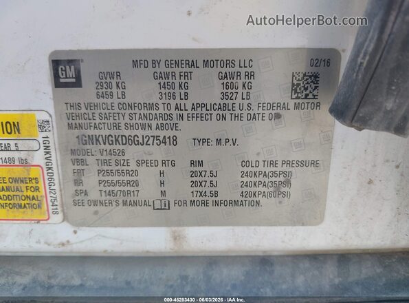 1GNKVGKD6GJ275418 2016 CHEVROLET TRAVERSE White Вид підкапотного простору