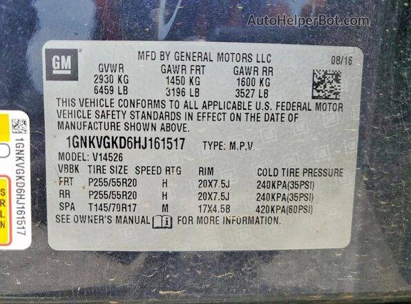 1GNKVGKD6HJ161517 2017 CHEVROLET TRAVERSE Blue Vista de la etiqueta del VIN