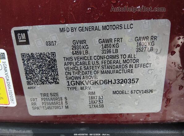 1GNKVGKD6HJ320357 2017 CHEVROLET TRAVERSE Maroon Vista del compartimento del motor
