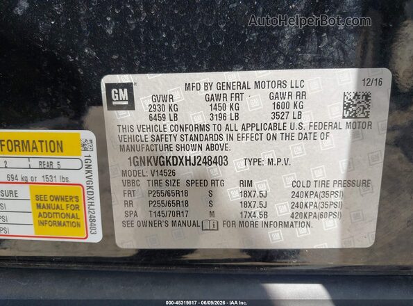 1GNKVGKDXHJ248403 2017 CHEVROLET TRAVERSE Черный Вид подкапотного пространства