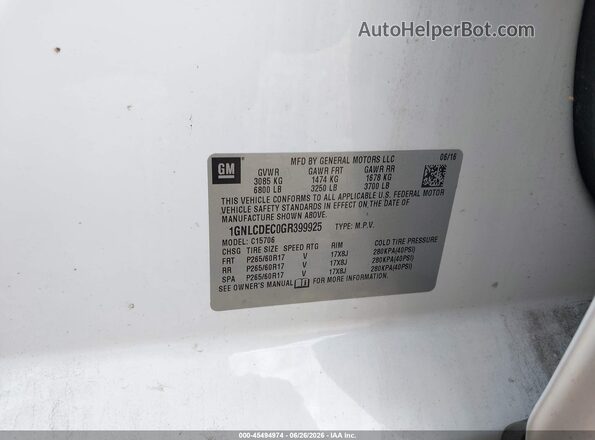 1GNLCDEC0GR399925 2016 CHEVROLET TAHOE White Vista del compartimento del motor