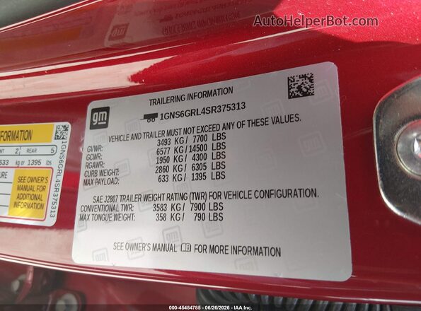 1GNS6GRL4SR375313 2025 CHEVROLET SUBURBAN Red Vista del compartimento del motor