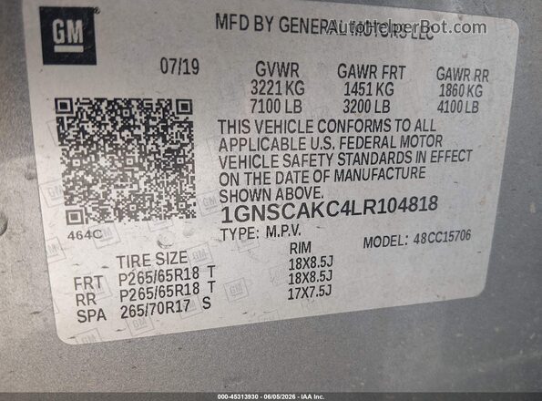 1GNSCAKC4LR104818 2020 CHEVROLET TAHOE Gray Շարժիչի բաժամունքի տեսք