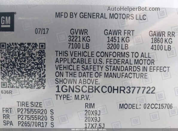 1GNSCBKC0HR377722 2017 CHEVROLET TAHOE Silver Շարժիչի բաժամունքի տեսք
