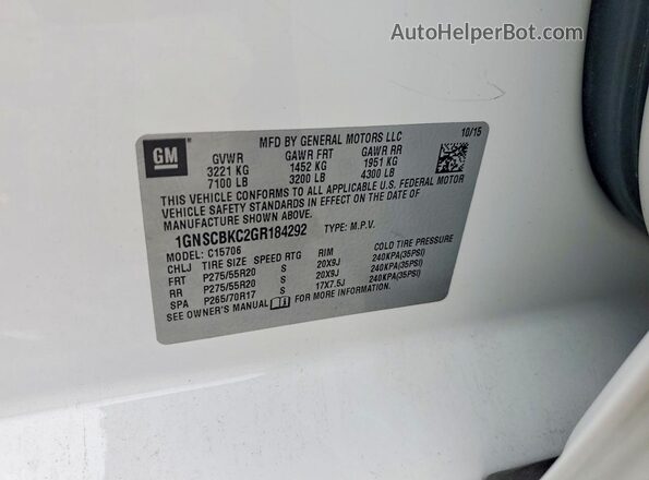 1GNSCBKC2GR184292 2016 CHEVROLET TAHOE Белый Вид подкапотного пространства