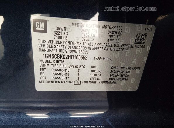 1GNSCBKC2HR166652 2017 CHEVROLET TAHOE Blue Շարժիչի բաժամունքի տեսք