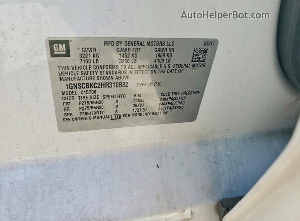 1GNSCBKC2HR310832 2017 CHEVROLET TAHOE White VIN კოდის სტიკერის ხედი
