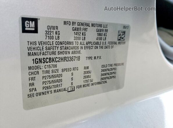 1GNSCBKC2HR336718 2017 CHEVROLET TAHOE Silver Widok naklejki z numerem VIN