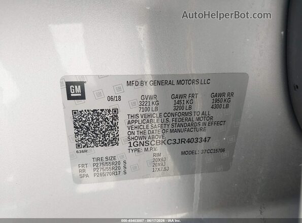 1GNSCBKC3JR403347 2018 CHEVROLET TAHOE Silver Widok komory silnika
