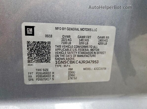 1GNSCBKC4JR347953 2018 CHEVROLET TAHOE Серый Вид наклейки с VIN-кодом