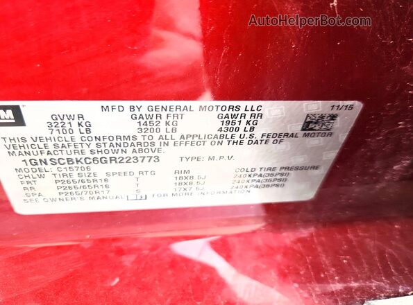 1GNSCBKC6GR223773 2016 CHEVROLET TAHOE Maroon 