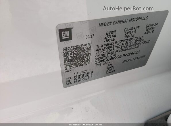 1GNSCBKC6JR129643 2018 CHEVROLET TAHOE Белый 