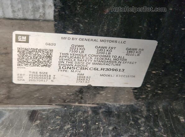 1GNSCBKC6LR309613 2020 CHEVROLET TAHOE Black VIN sticker view
