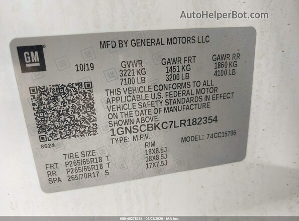 1GNSCBKC7LR182354 2020 CHEVROLET TAHOE White Շարժիչի բաժամունքի տեսք