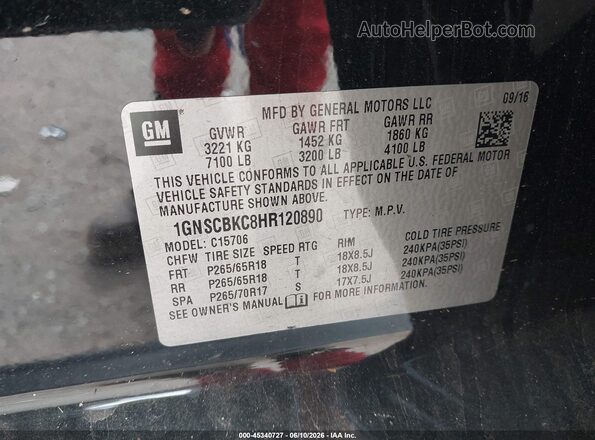 1GNSCBKC8HR120890 2017 CHEVROLET TAHOE Black Widok naklejki z numerem VIN