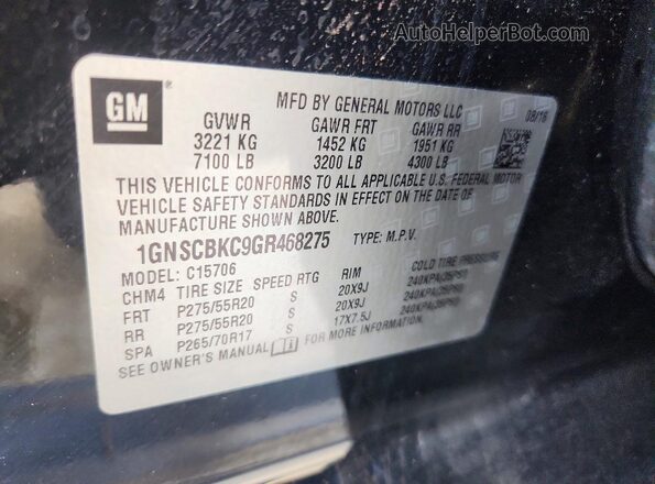 1GNSCBKC9GR468275 2016 CHEVROLET TAHOE Black VIN კოდის სტიკერის ხედი