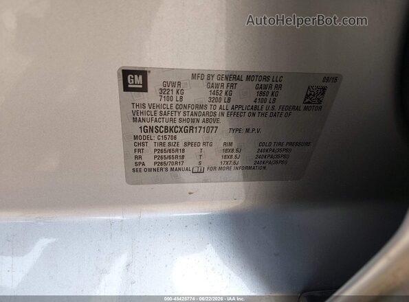 1GNSCBKCXGR171077 2016 CHEVROLET TAHOE Silver Vista del compartimento del motor
